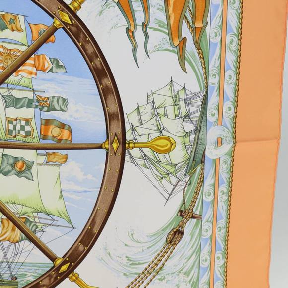 HERMES Carre 90 vive le vent Scarf Silk Orange Auth ki4369 - Picture 7 of 15